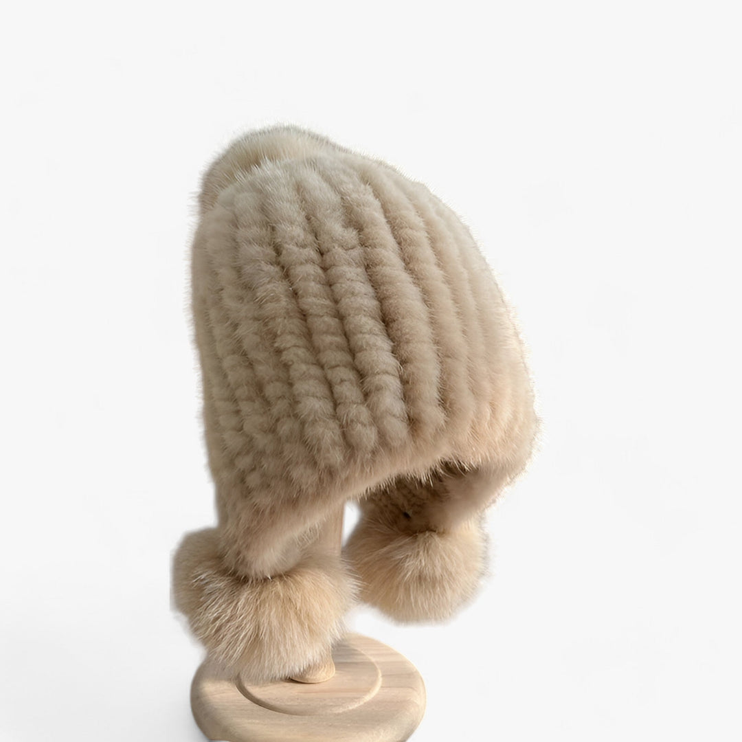 Luxury Fur Hat by Wezel with Fox Fur Pom Pom - Valeria-Beige-Elastic band-Nora Luxe