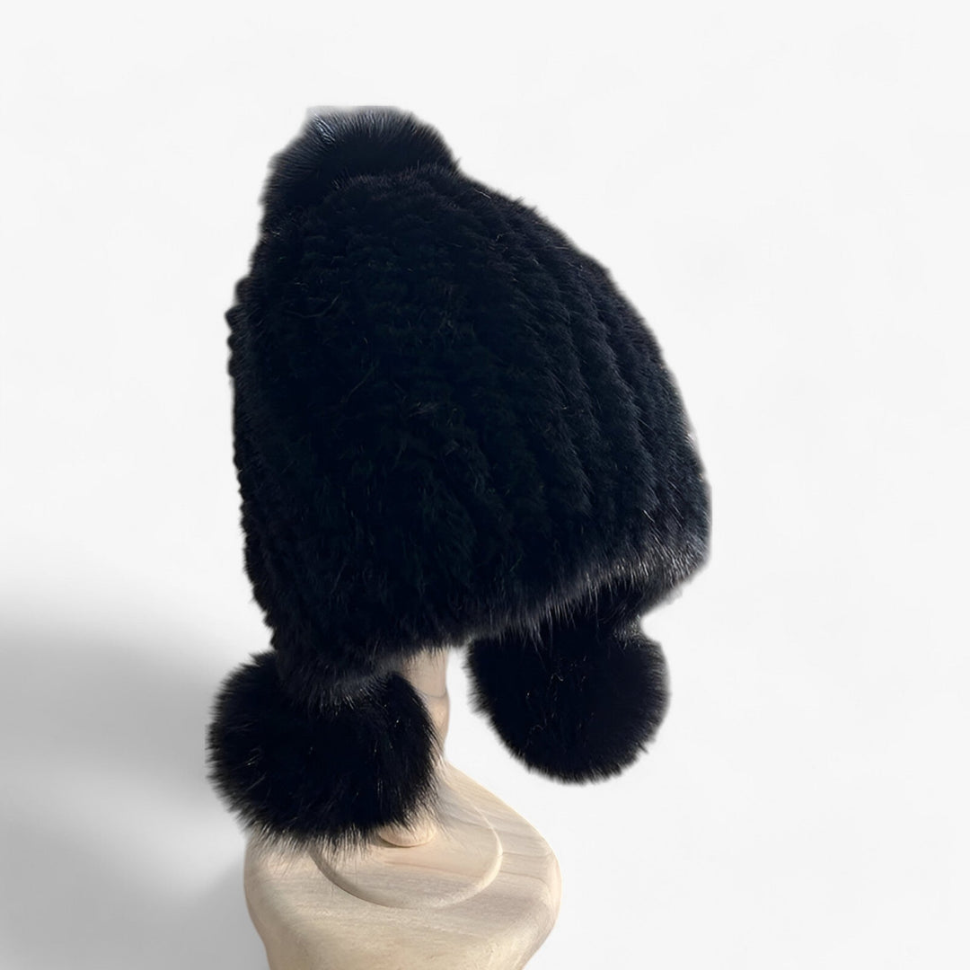 Luxury Fur Hat by Wezel with Fox Fur Pom Pom - Valeria-Black-Elastic band-Nora Luxe
