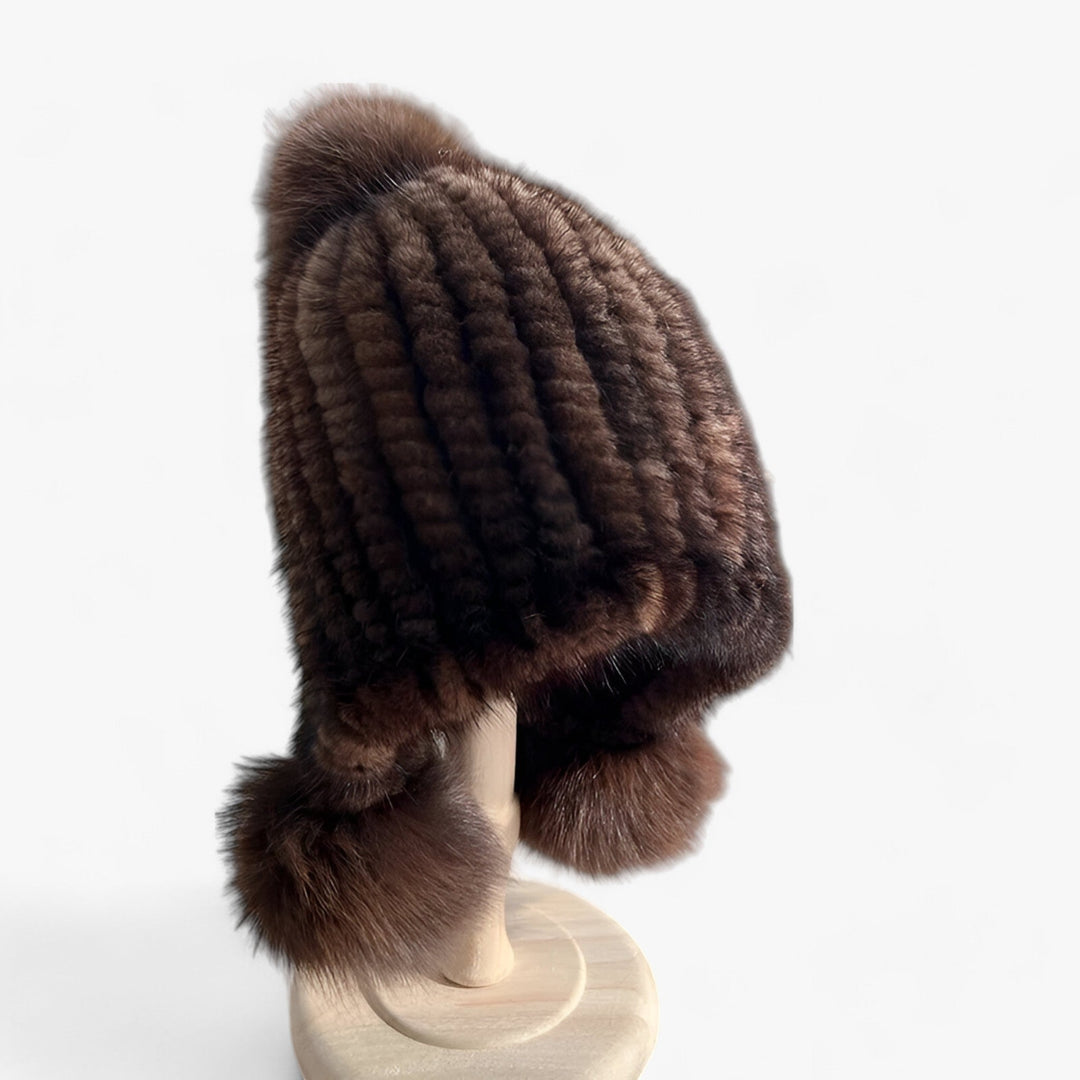 Luxury Fur Hat by Wezel with Fox Fur Pom Pom - Valeria-Chestnut Brown-Elastic band-Nora Luxe