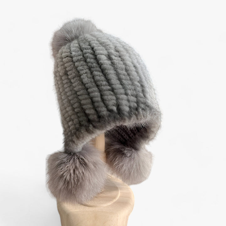 Luxury Fur Hat by Wezel with Fox Fur Pom Pom - Valeria-Gray 2-Elastic band-Nora Luxe