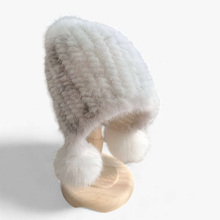 Luxury Fur Hat by Wezel with Fox Fur Pom Pom - Valeria-White Cross Mink-Elastic band-Nora Luxe