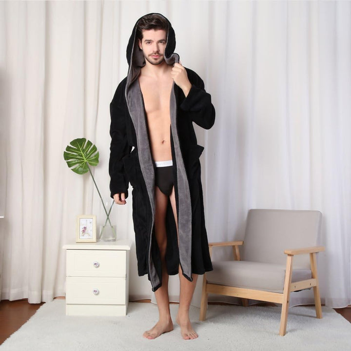 Luxury Men's Bathrobe with Hood - Lars-Black/Red-S-Nora Luxe