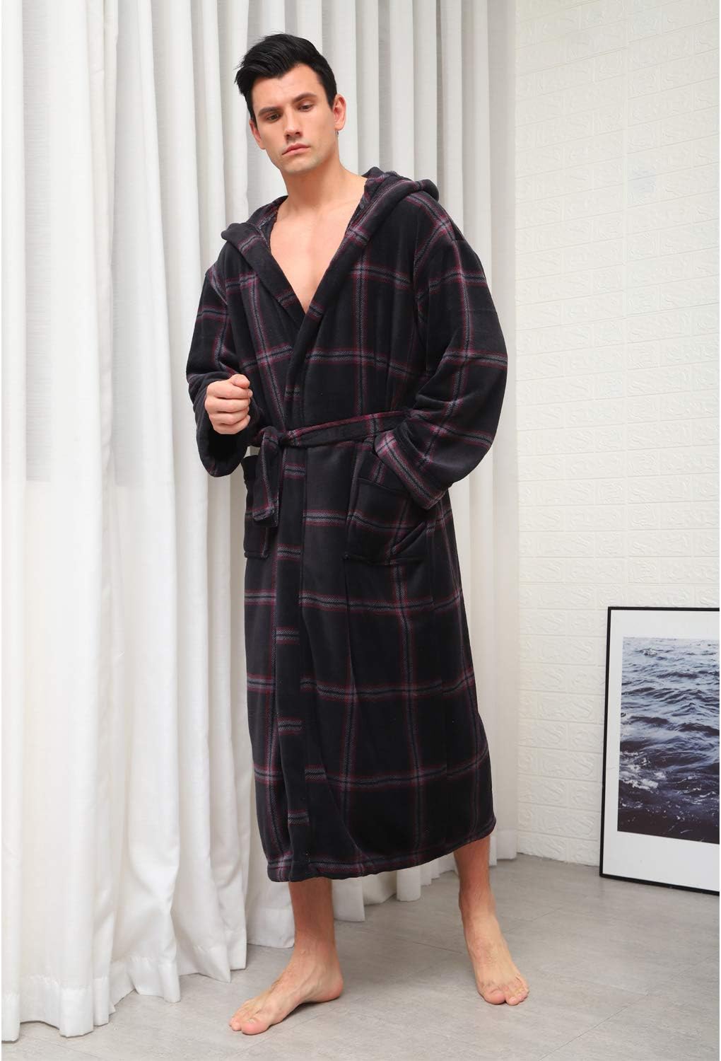Luxury Men's Bathrobe with Hood - Lars-Black/Red-S-Nora Luxe