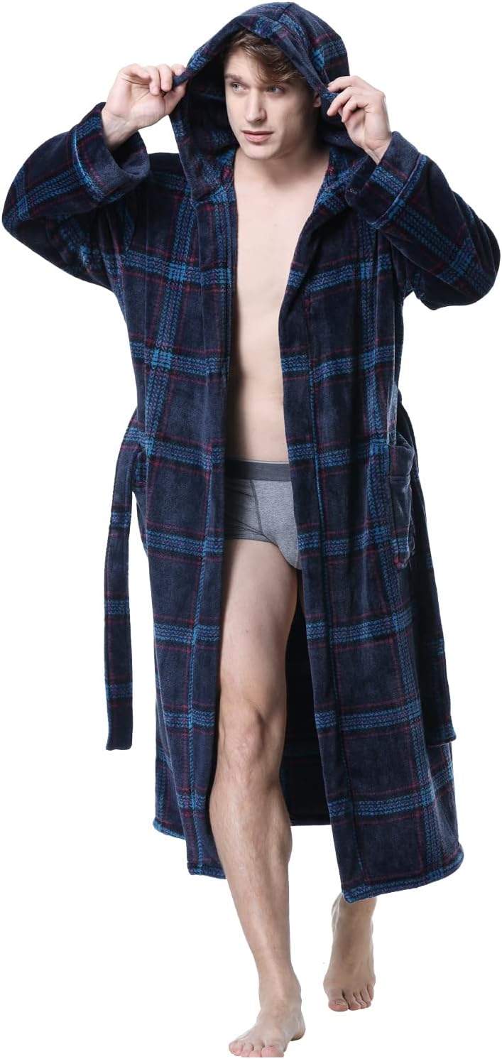 Luxury Men's Bathrobe with Hood - Lars-Blue/Red-S-Nora Luxe