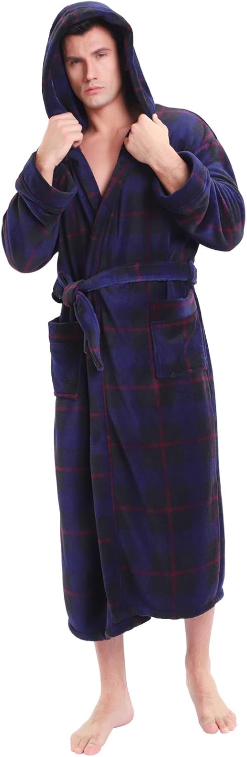 Luxury Men's Bathrobe with Hood - Lars-Dark Blue Checked-S-Nora Luxe