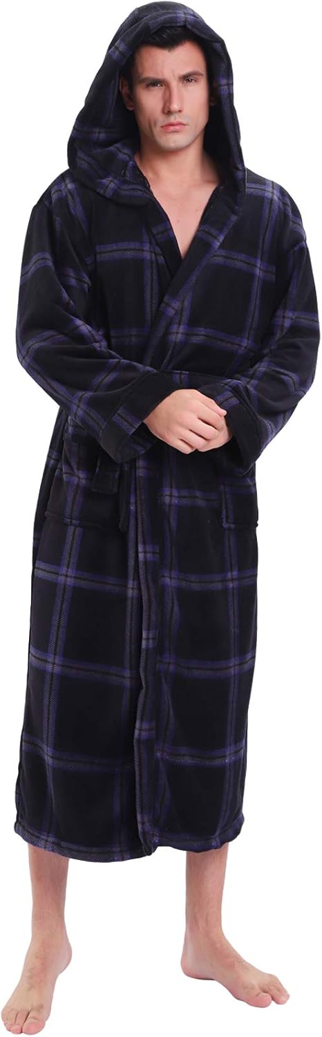 Luxury Men's Bathrobe with Hood - Lars-Gray Checked-S-Nora Luxe