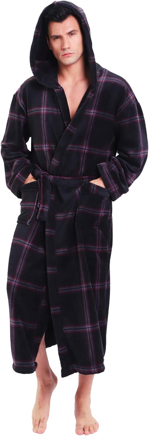 Luxury Men's Bathrobe with Hood - Lars-Red Checked-S-Nora Luxe