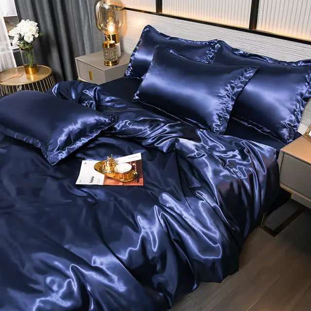 Luxury Plain Satin Duvet Cover - SilkSerenity-Dark Blue-59.06 × 78.74 in-Nora Luxe