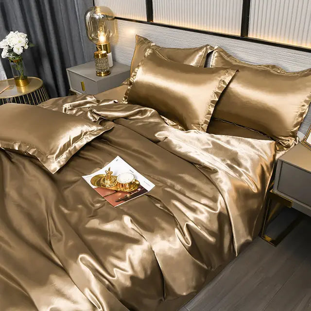 Luxury Plain Satin Duvet Cover - SilkSerenity-Dark Gold-59.06 × 78.74 in-Nora Luxe