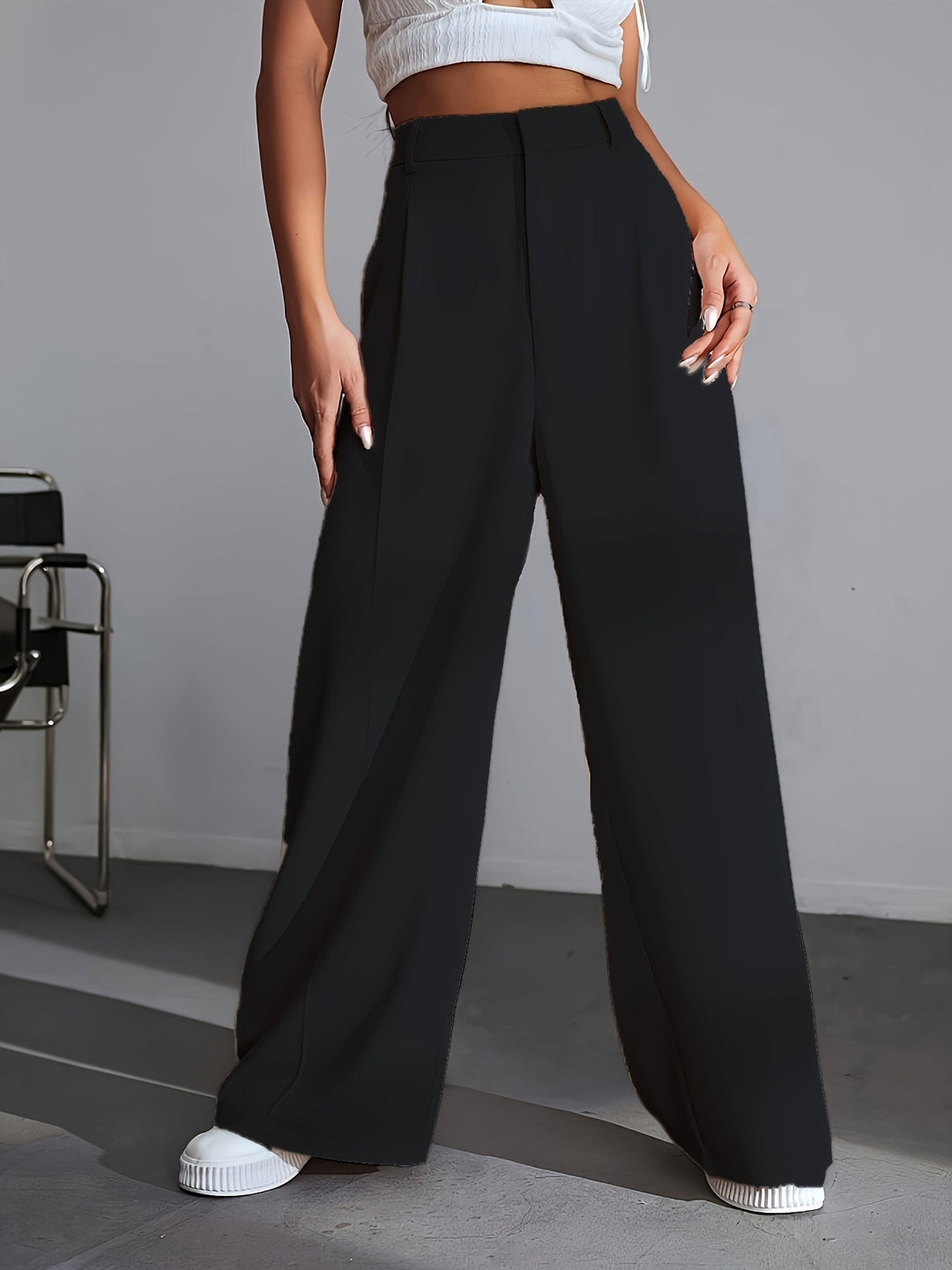 Luxury Plain Trousers With Wide Legs - Lana-S-Black-Nora Luxe