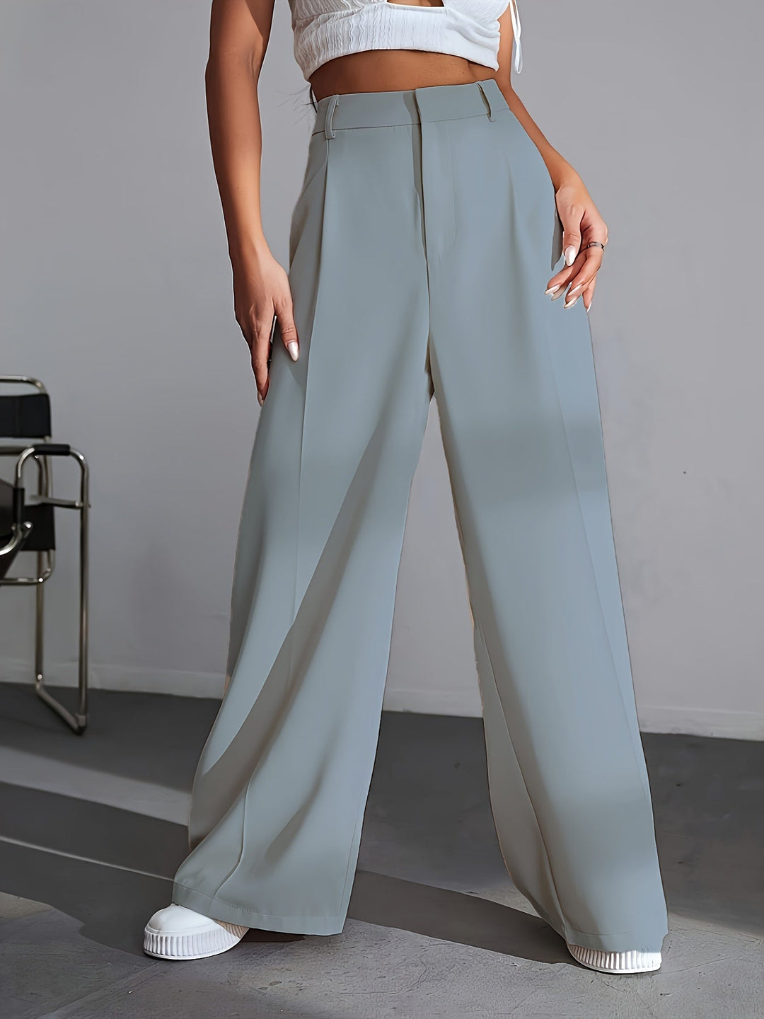 Luxury Plain Trousers With Wide Legs - Lana-S-Blue-Nora Luxe