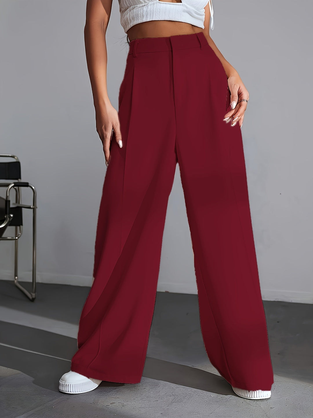 Luxury Plain Trousers With Wide Legs - Lana-S-Red-Nora Luxe