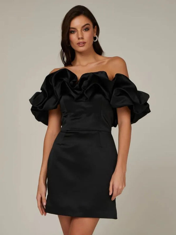Luxury Satin Dress with Ruffles - Elise-Black-S-Nora Luxe