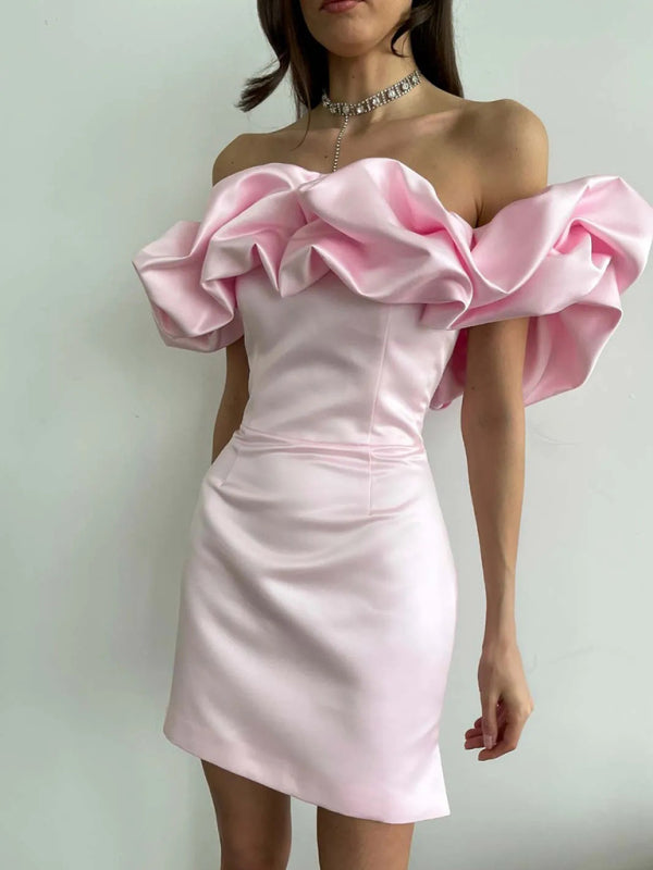 Luxury Satin Dress with Ruffles - Elise-Pink-S-Nora Luxe
