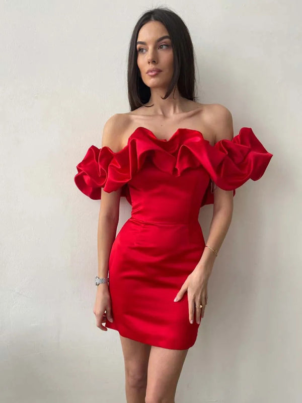 Luxury Satin Dress with Ruffles - Elise-Red-S-Nora Luxe