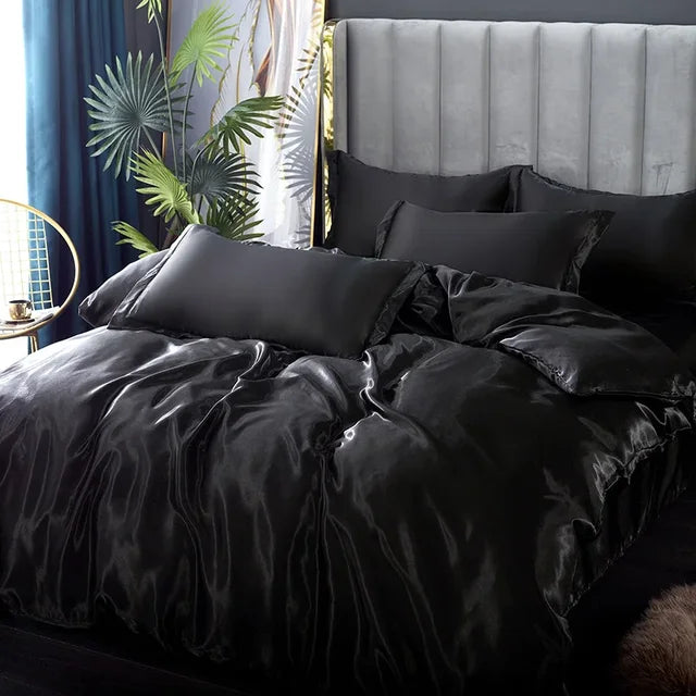 Luxury Silk Satin Bedding Set - SilkElegance-Black-Twin size 3-piece-Nora Luxe