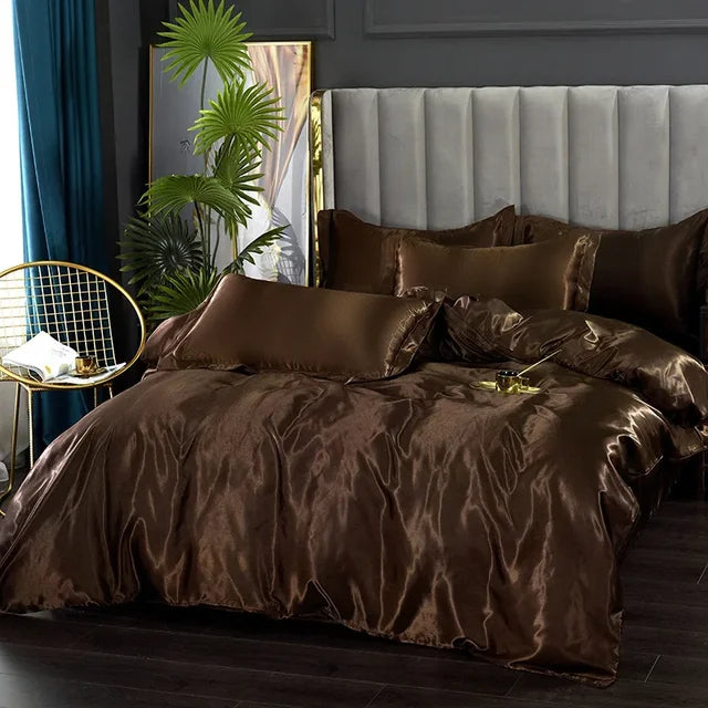Luxury Silk Satin Bedding Set - SilkElegance-Dark Brown-Twin size 3-piece-Nora Luxe
