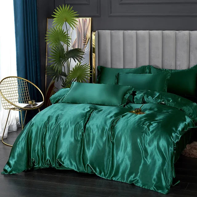 Luxury Silk Satin Bedding Set - SilkElegance-Moonlight Blue-Twin size 3-piece-Nora Luxe