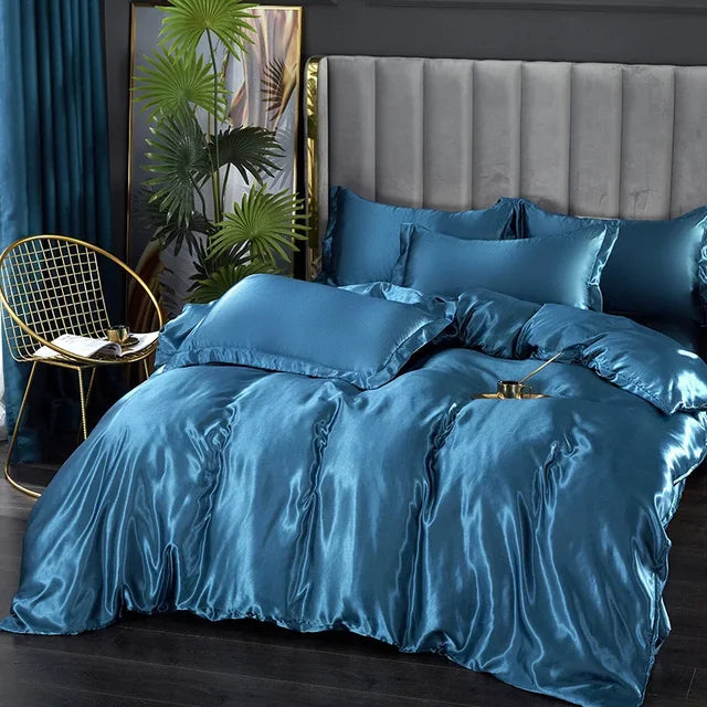 Luxury Silk Satin Bedding Set - SilkElegance-Moonlight Blue-Twin size 3-piece-Nora Luxe