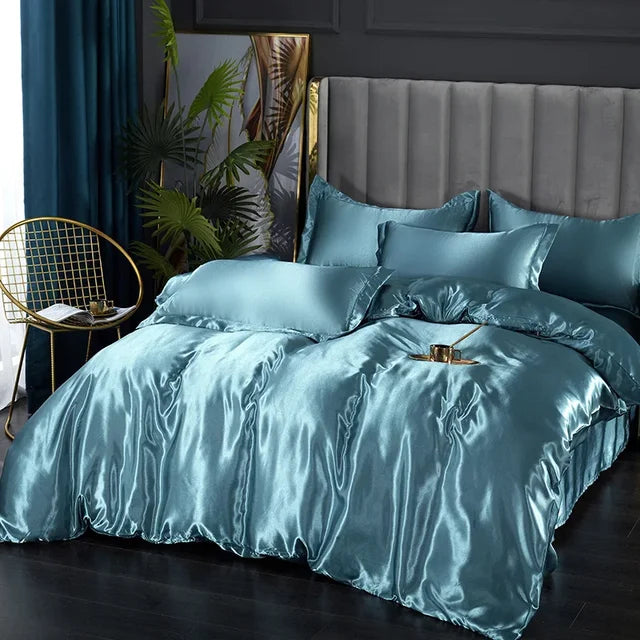 Luxury Silk Satin Bedding Set - SilkElegance-Moonlight Blue-Twin size 3-piece-Nora Luxe