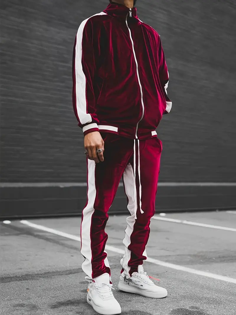 Luxury Velvet Tracksuit with Zip for Men - Mason-Burgundy-S-Nora Luxe