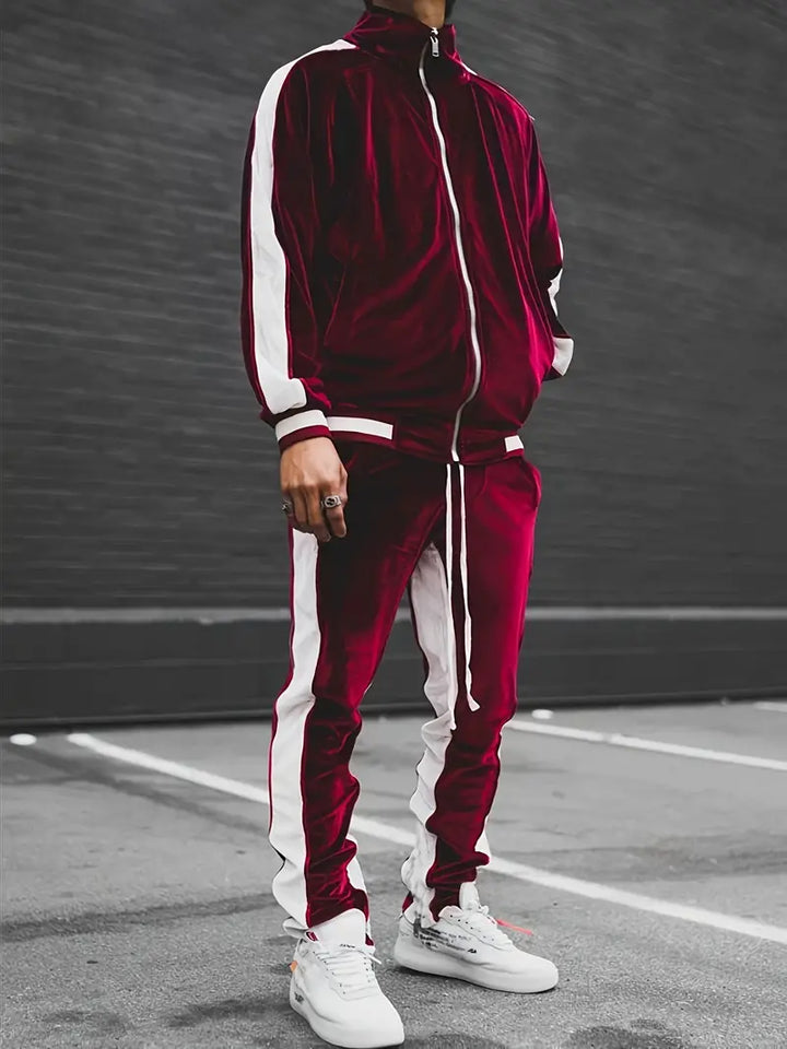 Luxury Velvet Tracksuit with Zip for Men - Mason-Burgundy-S-Nora Luxe