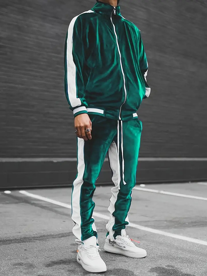 Luxury Velvet Tracksuit with Zip for Men - Mason-Green-S-Nora Luxe