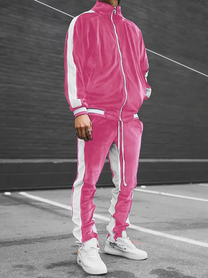 Luxury Velvet Tracksuit with Zip for Men - Mason-Pink-S-Nora Luxe