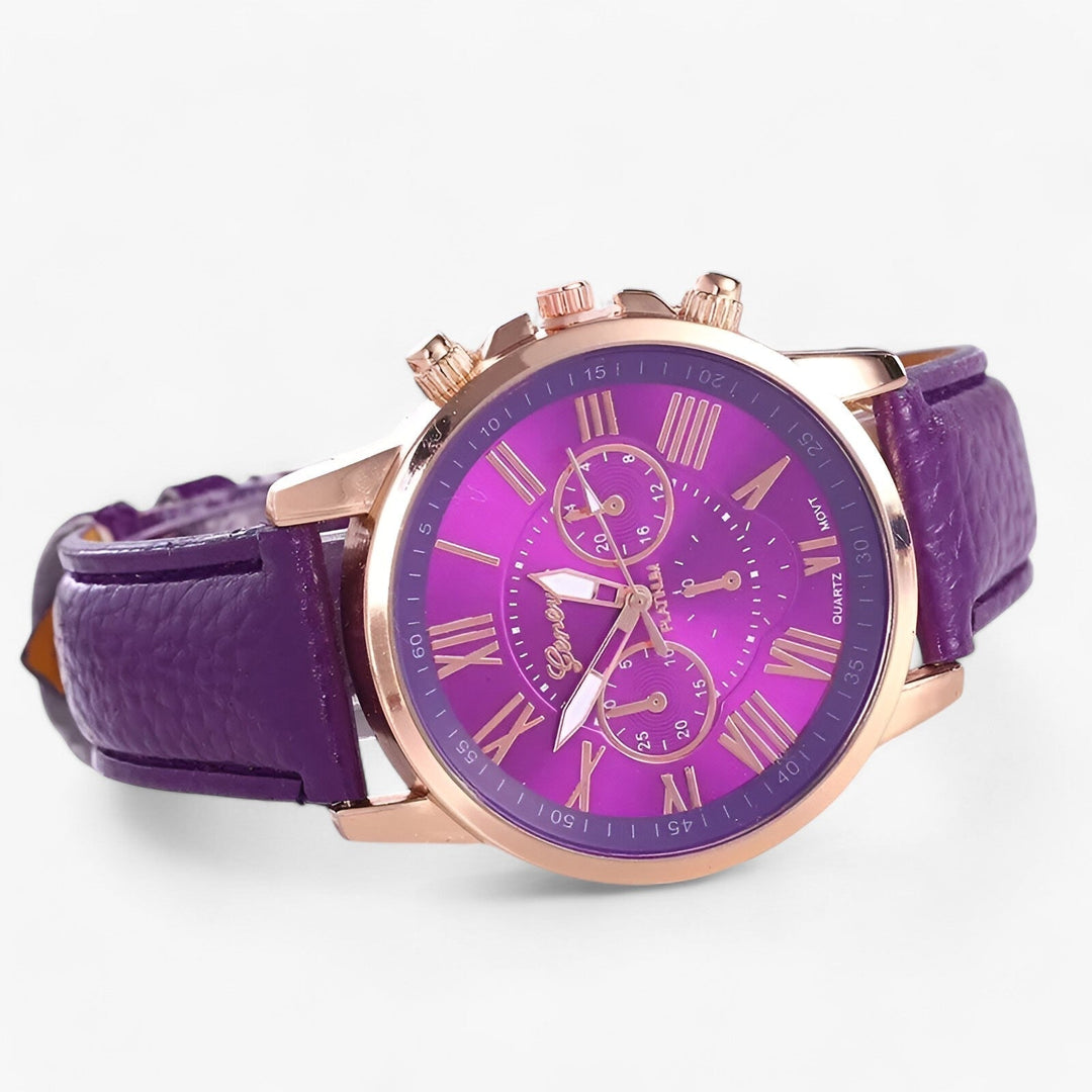 Luxury Waterproof Women's Watch with Leather Strap - Camille-Purple-The Livary