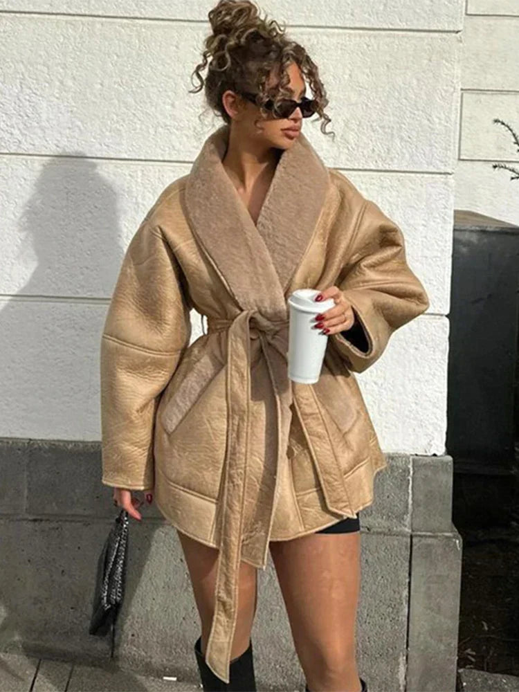 Luxury Winter Coat Made of Leather and Fur - Mirabelle-Khaki-S-Nora Luxe