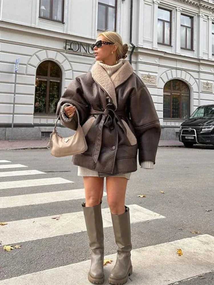 Luxury Winter Coat Made of Leather and Fur - Mirabelle-Khaki-S-Nora Luxe