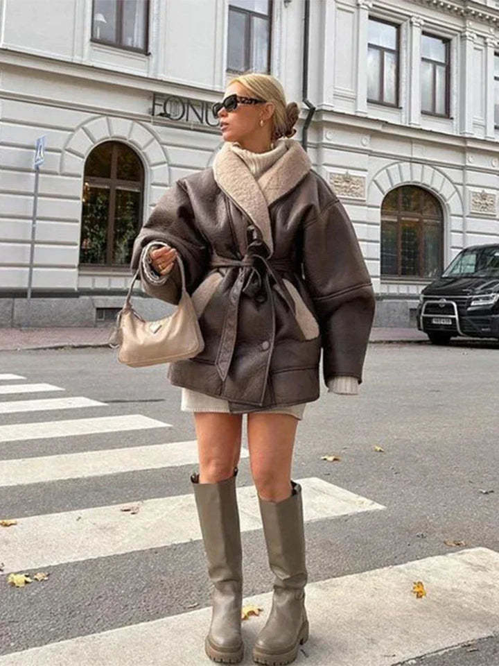 Luxury Winter Coat Made of Leather and Fur - Mirabelle-Khaki-S-Nora Luxe