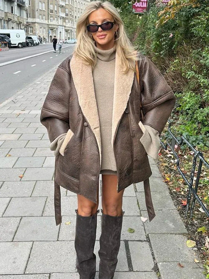 Luxury Winter Coat Made of Leather and Fur - Mirabelle-Khaki-S-Nora Luxe