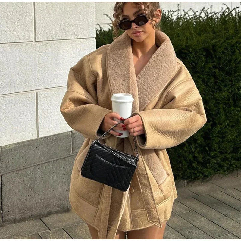 Luxury Winter Coat Made of Leather and Fur - Mirabelle-Khaki-S-Nora Luxe