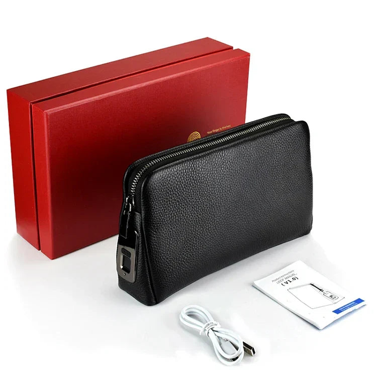 Men’s Leather Anti-Theft Clutch with Fingerprint Lock – Blackish-Blue