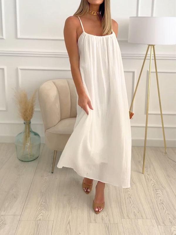 Maxi Dress in Cotton and Linen with Round Neck – Elin-White-S-State of Style