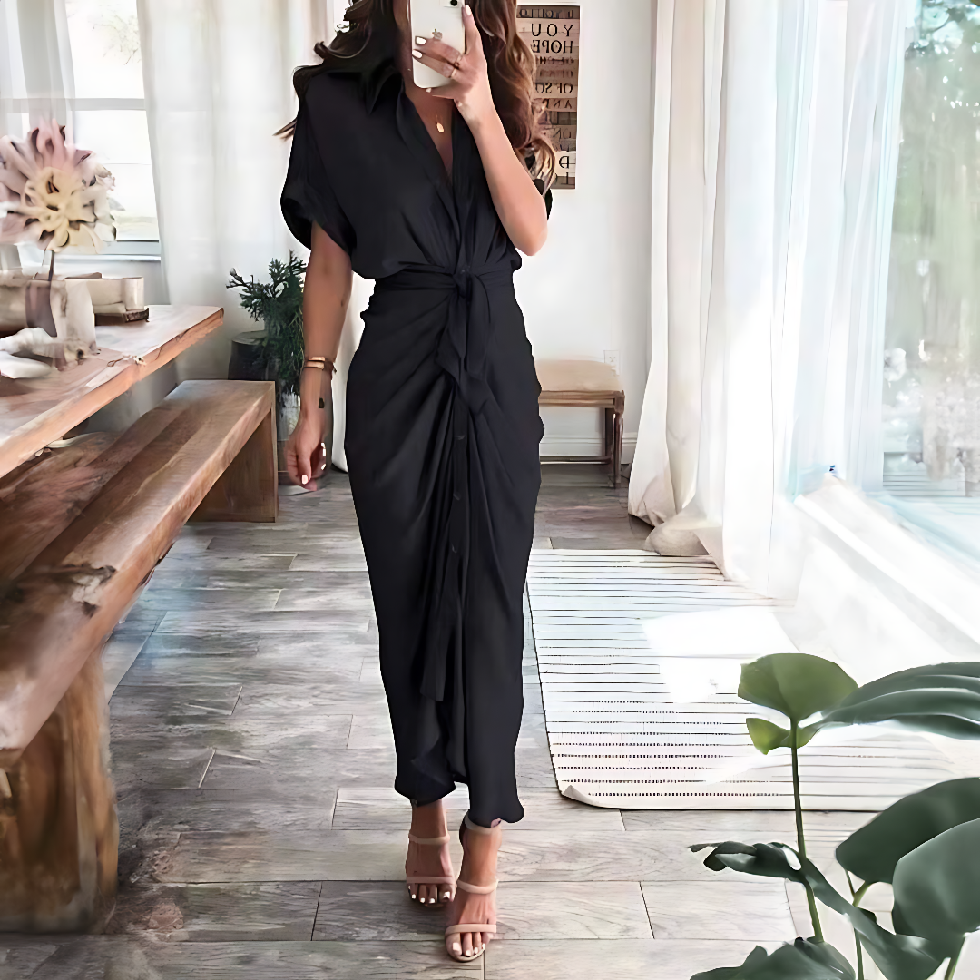 Maxi dress with ruffles and V-neck summer style women's fashion - Elina-Black-S-Nora Luxe