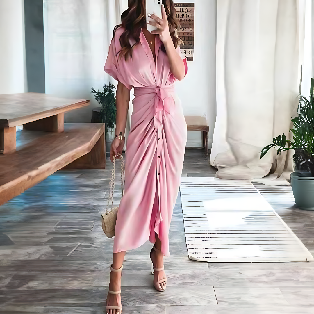 Maxi dress with ruffles and V-neck summer style women's fashion - Elina-Blue-S-Nora Luxe