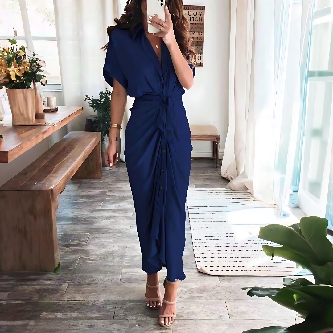 Maxi dress with ruffles and V-neck summer style women's fashion - Elina-Dark blue-S-Nora Luxe