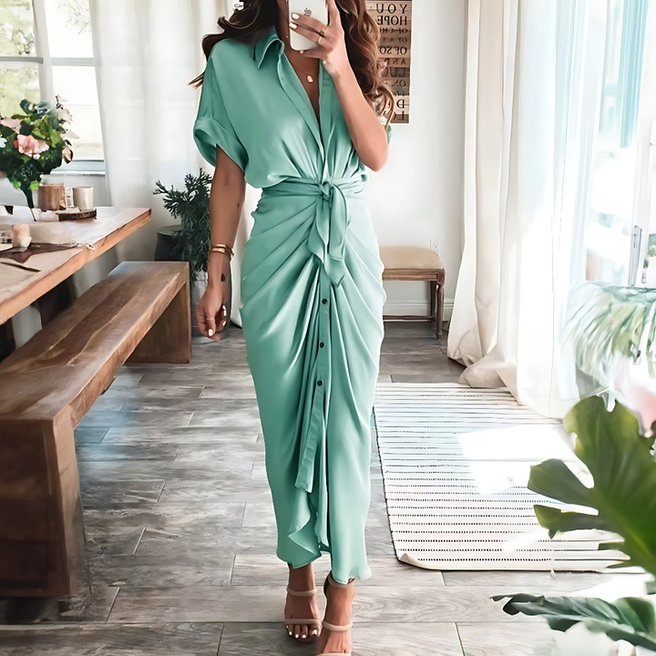 Maxi dress with ruffles and V-neck summer style women's fashion - Elina-Dark green-S-Nora Luxe