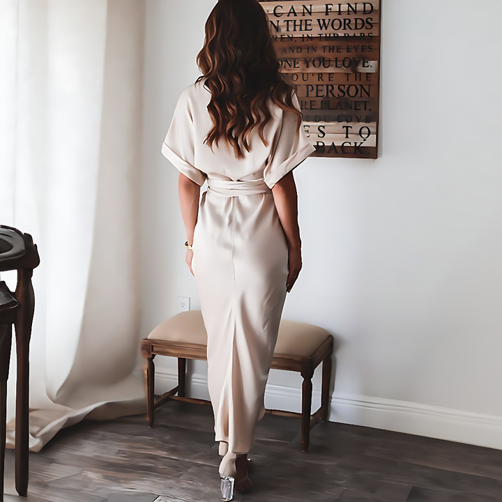 Maxi dress with ruffles and V-neck summer style women's fashion - Elina-Gold-S-Nora Luxe