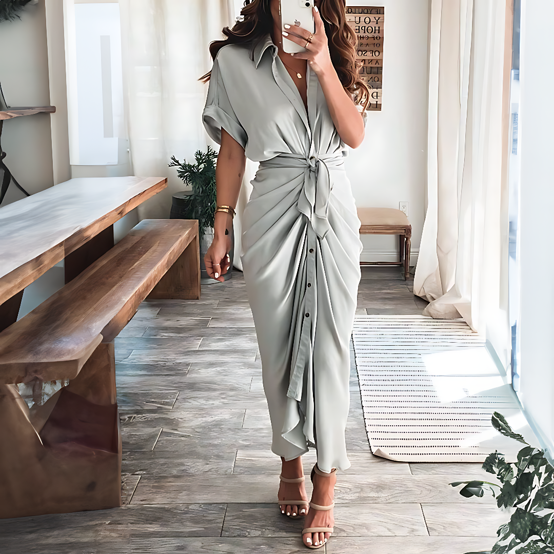 Maxi dress with ruffles and V-neck summer style women's fashion - Elina-Light gray-S-Nora Luxe