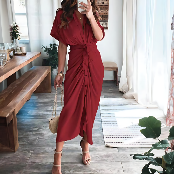 Maxi dress with ruffles and V-neck summer style women's fashion - Elina-Red-S-Nora Luxe