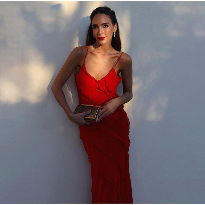 Maxi Dress with Ruffles - GraceFlow-Red-S-Nora Luxe