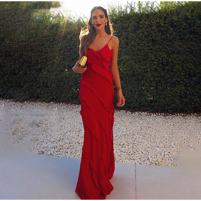 Maxi Dress with Ruffles - GraceFlow-Red-S-Nora Luxe