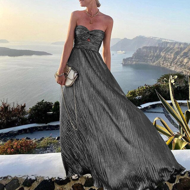 Maxi Summer Dress with V-neck and Waist Accent – Rosa-Black-S-State of Style