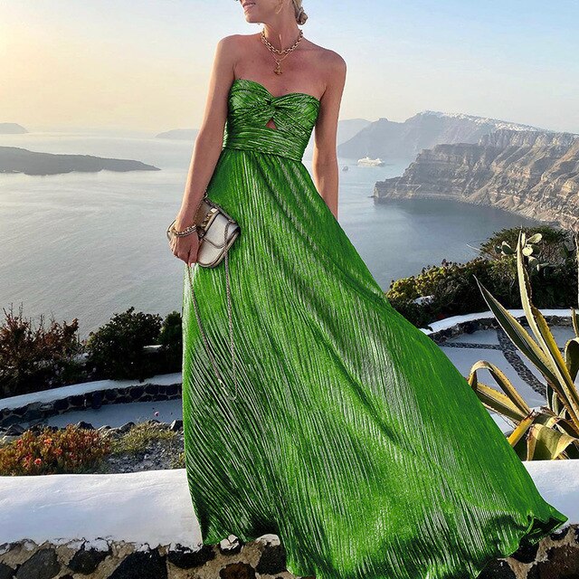 Maxi Summer Dress with V-neck and Waist Accent – Rosa-Green-S-State of Style