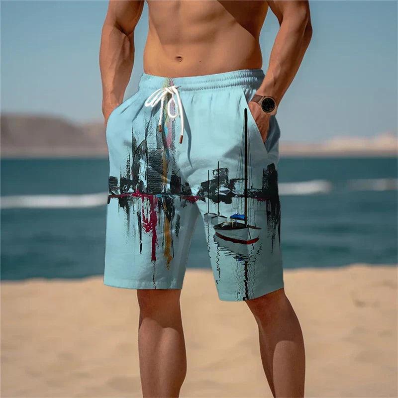 Men's Beach Shorts Cotton 3D Print Breathable Summer Look - Jamal-Light blue speckled-S-Nora Luxe