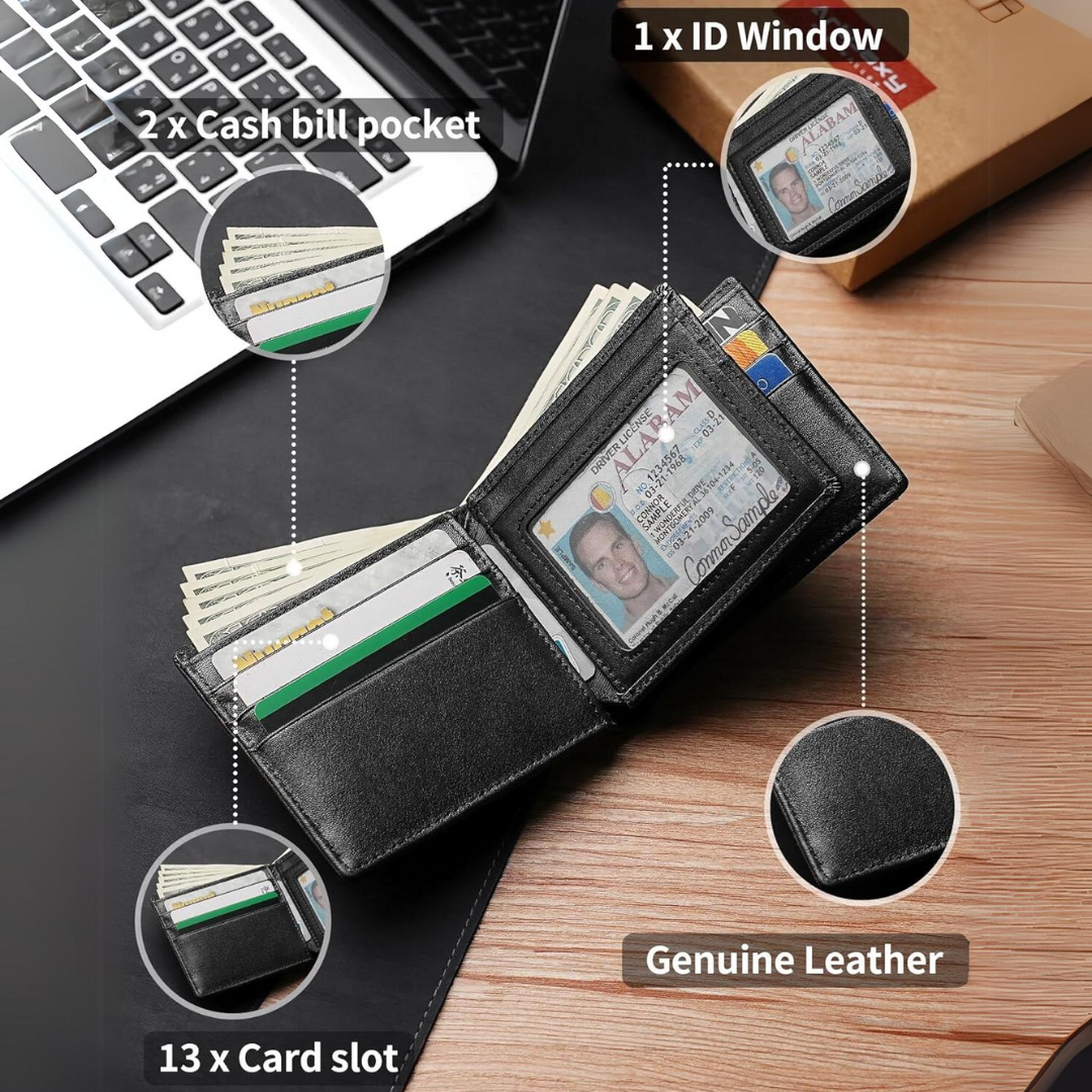 Men's Bifold Genuine Leather RFID Blocking Wallet - StitchCraft-Black-Nora Luxe