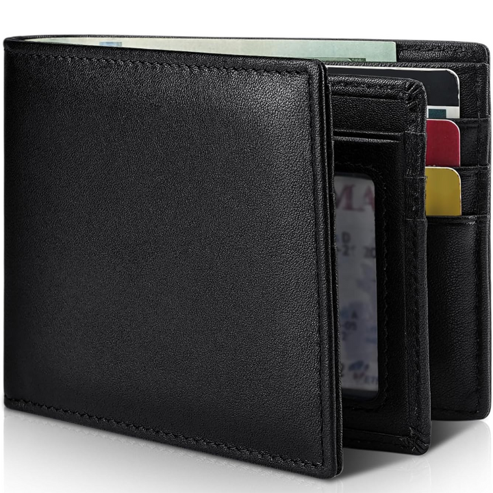 Men's Bifold Genuine Leather RFID Blocking Wallet - StitchCraft-Black-Nora Luxe